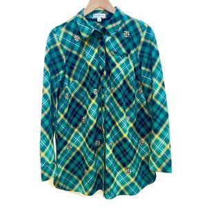 Vintage Kim Rogers Jeweled Brooch Green Plaid Button‎ Up Shirt, Women's Size L